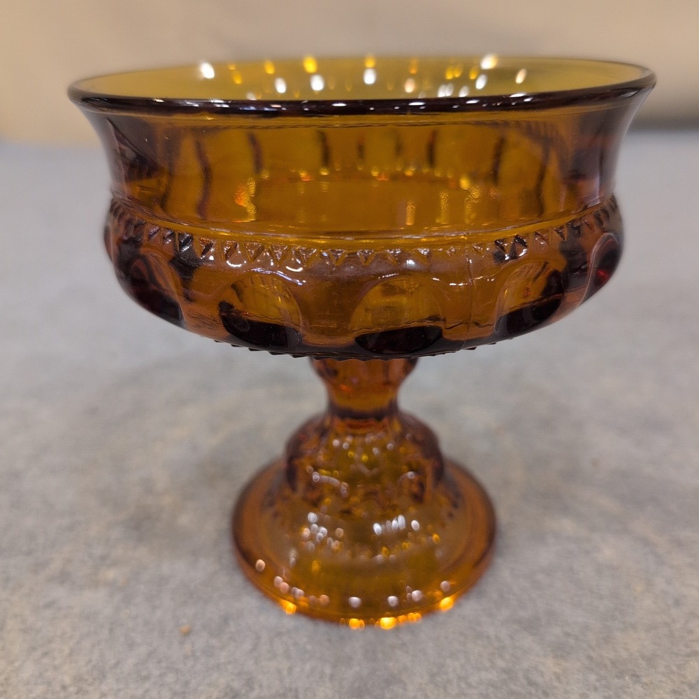 Indiana Glass Co Amber Kings Crown Thumbprint Compote Candy Dish MCM Glassware